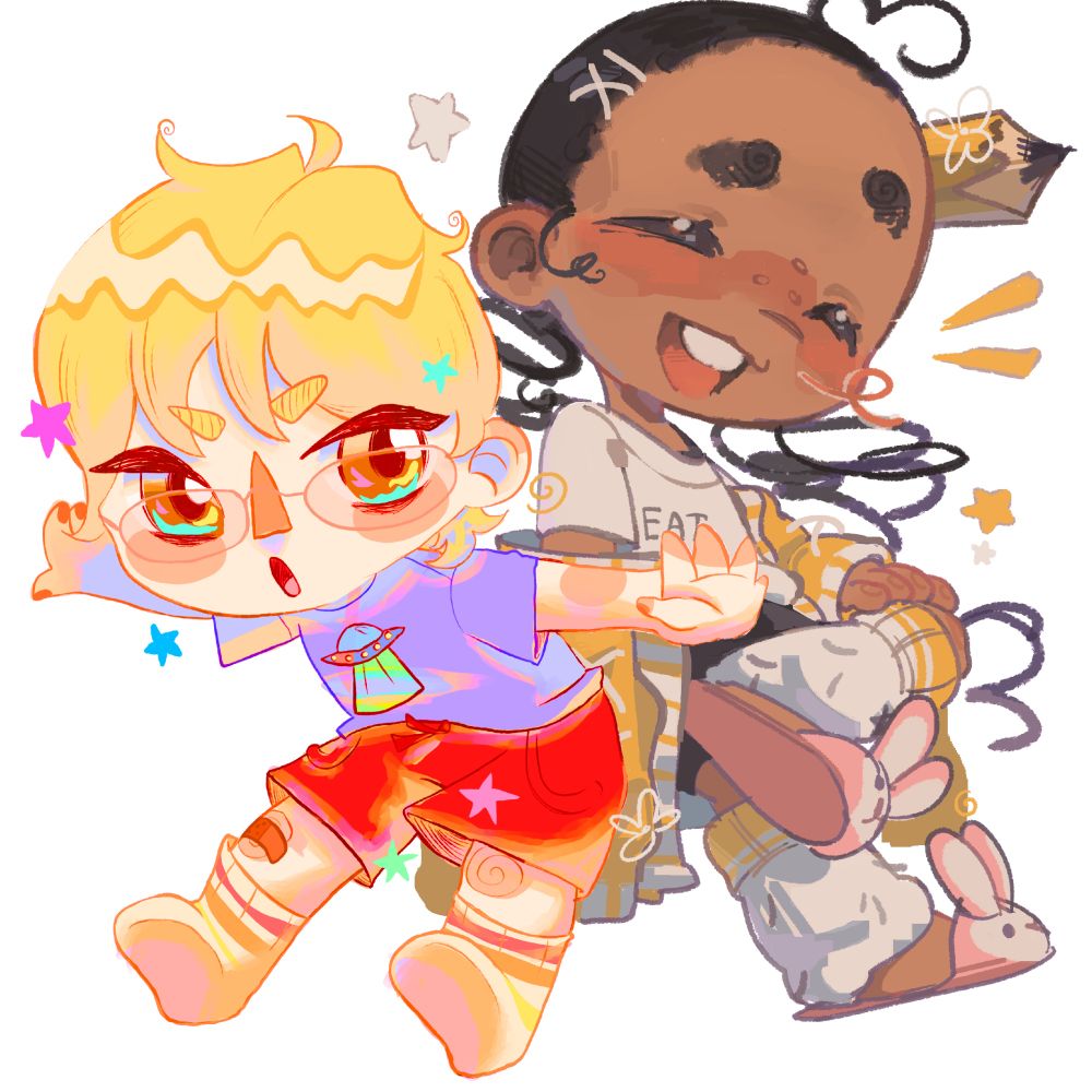 a fun collab drawing featuring two chibis: bu6blyange1's sona (left) and dumbelfie's sona (right), with a few decorative shapes surrounding them