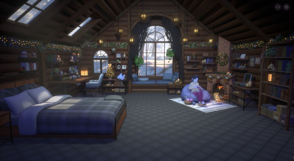 A screenshot of the productivity tool/game Spirit City. The room has been set up to resemble a log cabin and has lit garland around the walls.