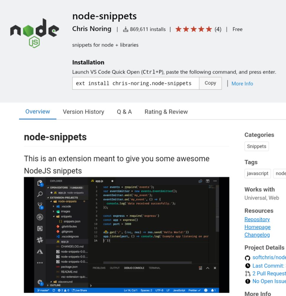 Node.js extension for VS Code