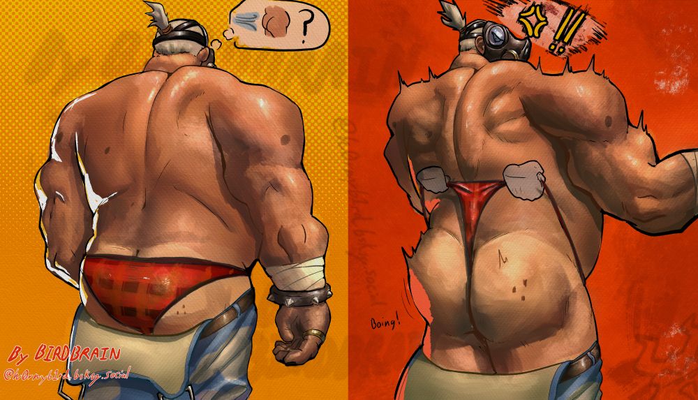Erotic digital illustration of Roadhog, a character from the game Overwatch, whose appearance is that of an extremely muscular, fat, tall and musky shirtless middle-aged man who wears a gas mask that looks like a hog's head.
He is depicted from the back with his pants slightly pulled down, exposing his tight red briefs; he's oblivious to this and pays no attention to it. It was hard to resist the temptation, the viewer pulls a wedgie on the huge man, further revealing his bouncy ass. Not like it is an unexpected outcome, but the big hog was *seemingly* not entirely pleased about this...