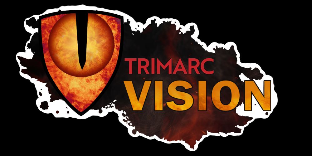 Trimarc Vision logo, looks like the eye of a dragon, and the words "TRIMARC" and "VISION" are in all caps. The logo appears to be jumping out from the screen.