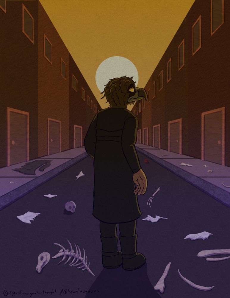 Digital art of the character Mani standing in the middle of a mostly empty road with connected brown buildings to the side and the morning sun overhead. Mani is a human with a cinereous vulture head and wears a black trenchcoat, trousers, and boots. Mani's back is turned to us, but he is looking back and up at the sky. The road is filled with trash, old clothes, and skeletons. The sky is a yellow orange tint and its light spreads the yellow tint over the buildings and road.