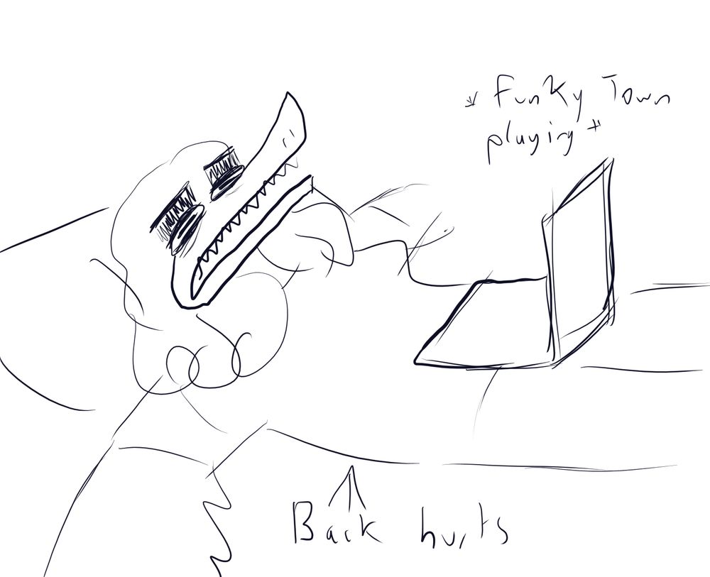 black and white digital sketch of the artist's raptor fursona named Demi lying in bed with a laptop on his stomach that has *funky town playing*. Demi has a tired and pained expression due to their back hurting.