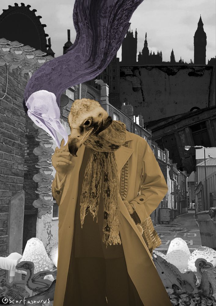 Digital collage art of a man in a trench coat with a cinereous vulture head walking down a decaying street as he holds a cigarrette. Surrounding him are mushrooms and bones. Above him is a bird's skull with a purple cloak as its body. In the distance is a city scape of London, with the London Eye, Tower of London, and Westminister being visible. Everything is in greyscale with the exception of the vulture headed man, who is in light brown tones