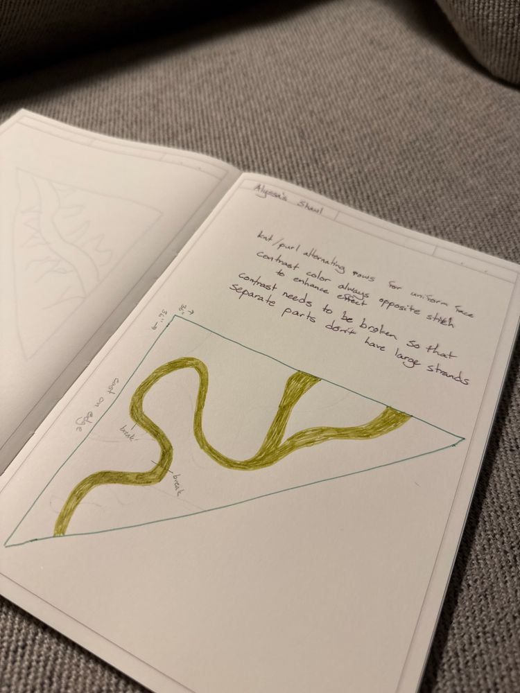 sketch of a knitted shawl design in a notebook