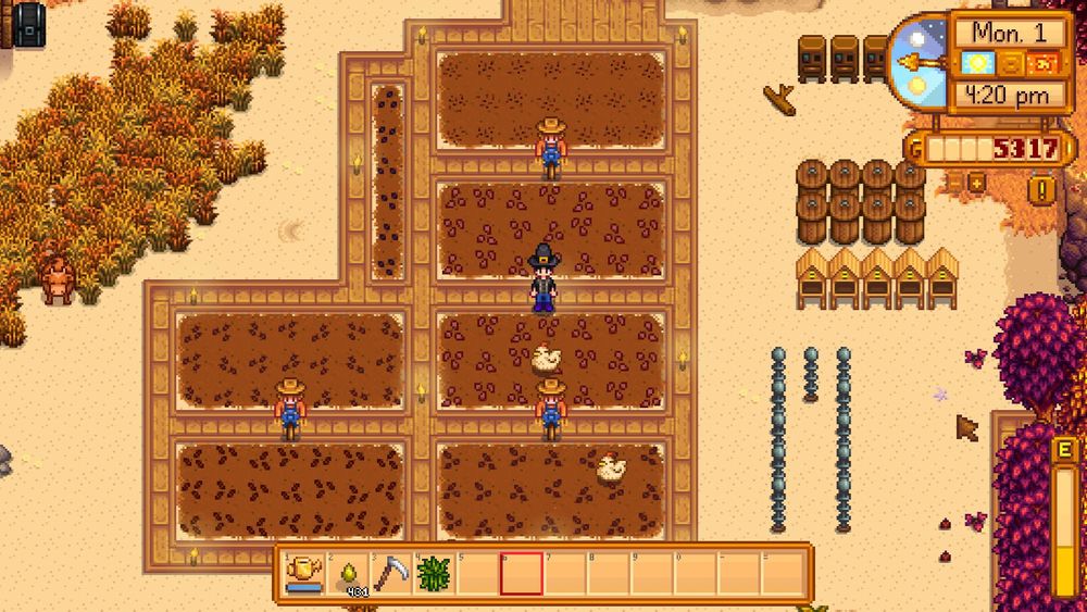 a screenshot of the farmer surrounded by crop seeds from the game stardew valley