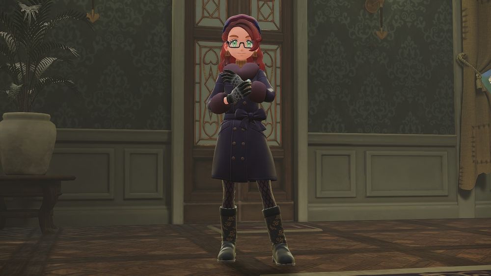 Io's outfit this time is a long purple peacoat with a yellow turtleneck as the undershirt, purple leggings with a black diamond pattern, long black boots with yellow flower print, black and grey fuzzy gloves, a purple gradient headband, and black rectangle half frame glasses