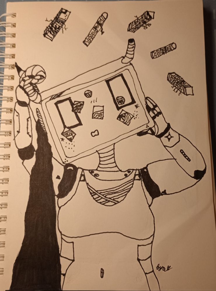 an ink drawing of a robot girl, she is holding on to her horns and face and tilting her head with a confused expression as fluid pours from her ear vent. there are also holes in her face that go all the way through, the pieces of which are floating around her head, and through the holes and on the pieces you can see her exposed brain and circuitry. she is also wearing an asymmetrical strappy sports bra