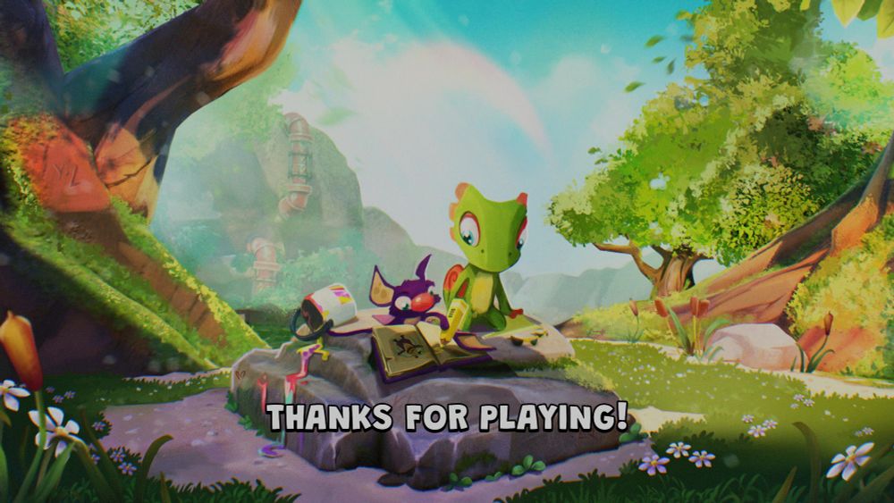 a screenshot of the Thanks For Playing after credits screen from Yooka-Replaylee, showing Laylee and Yooka drawing in the One Book in a forest clearing
