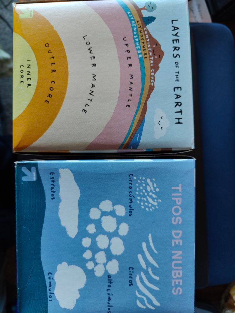 Two small boxes of tissues, sitting side-by side. One has a cartoon illustration showing a cross-section of the Earth, and the other showing different cloud types. They are in English on one side, Spanish on the other.