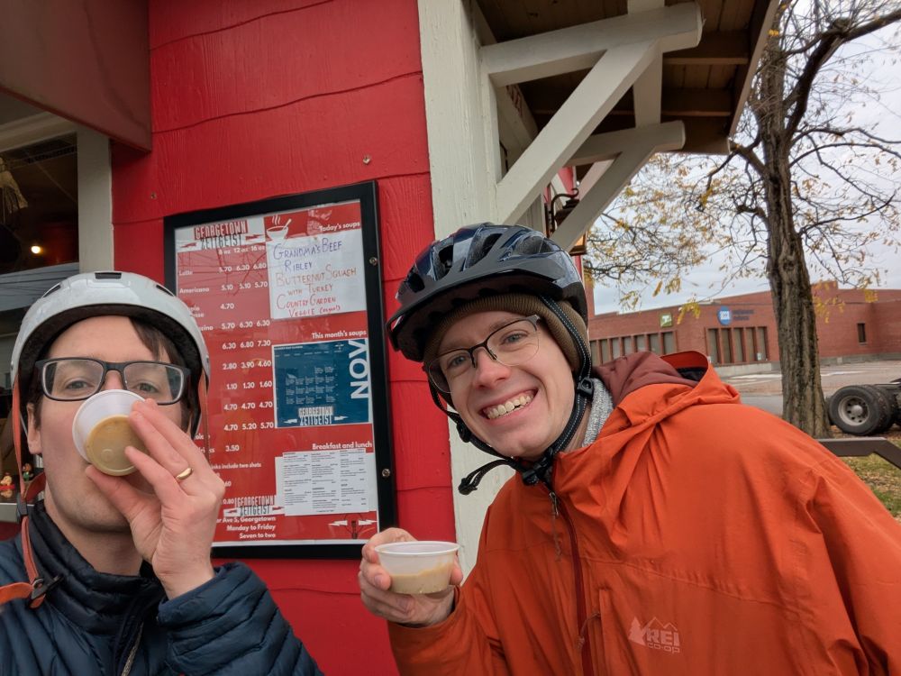 Selfie eating soup at the new coffee window in Georgetown