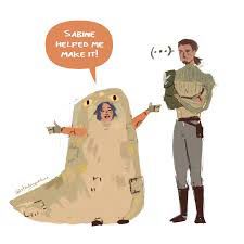 Ezra Bridger in a Jabba the Hutt costume “Sabine helped me make it”. And Kanan Jarrus looking disappointed. 

Ezra Bridger dans un costume de Jabba le Hutt <<Sabine m’as aider!>>. Et Kanan Jarrus qui a l’aire très fatigué. 