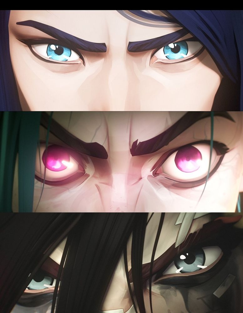 Three sets of eyes from three protagonists of Arcane Season 2: Caitlyn, Jinx, and Vi.