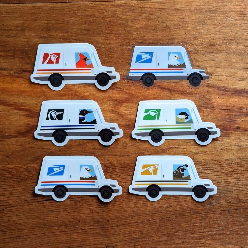 Stickers featuring USPS mail trucks but with various birds instead of the classic USPS eagle. 