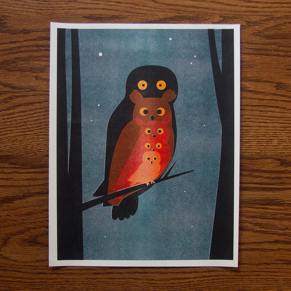 A flat illustration of owls perched on a branch at night against a dark blue sky. The owls decrease in size as they get close stacked in front, while also growing bright orange. The effect resembles a flame. The owls, back to front (large to small) are Great Gray, Great Horned, Long-eared, Screech, and Saw-whet.
