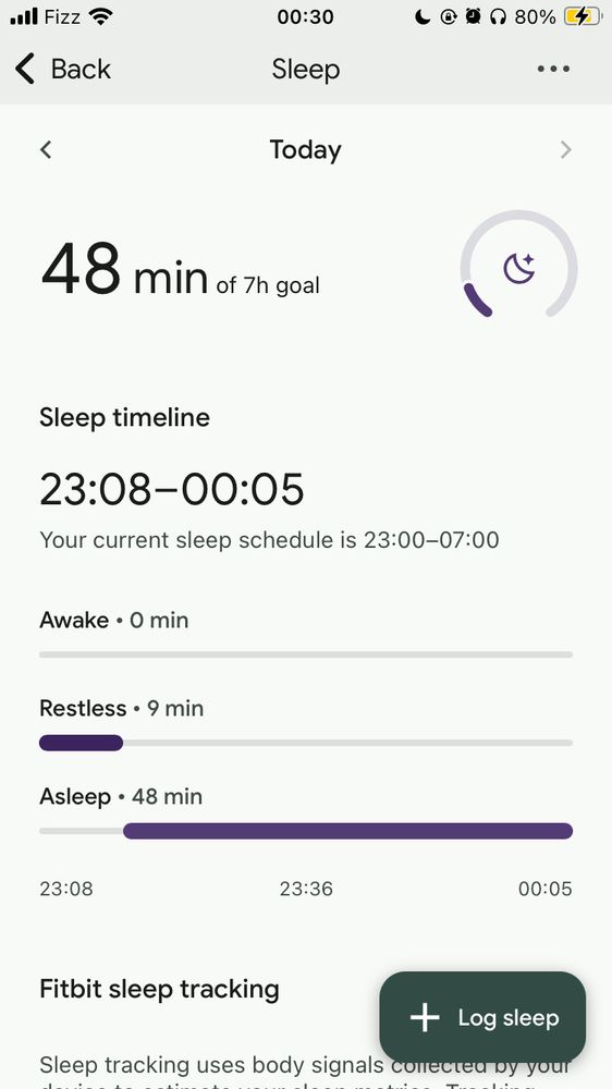 Screenshot of Fitbit app. It shows i was restless for 9 minutes, then « asleep » for 48 minutes