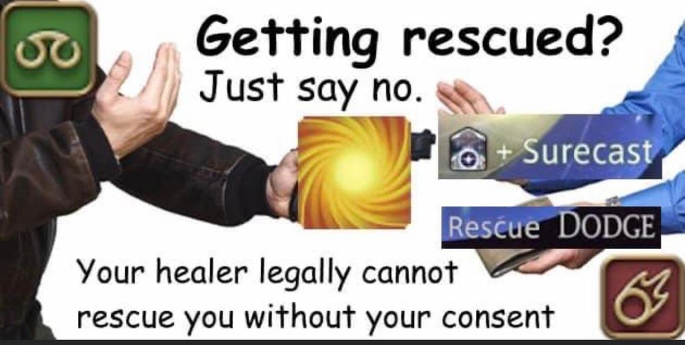 Getting rescued? Just say no. Your healer legally cannot rescue you without your consent.
The ff14 scholar icon hands the ff14 black mage icon a rescue icon, and they respond with +Surecast and Rescue Dodge