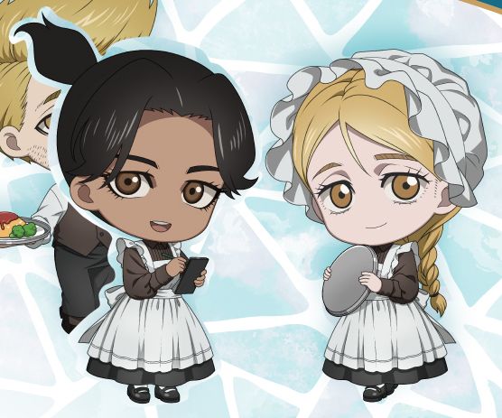 cropped image of the Orb : On the movement of the Earth Cafe Collab, showing Draka and Jolenta dressed up as maids. Draka has been badly cut out and placed in front of Nowak.
