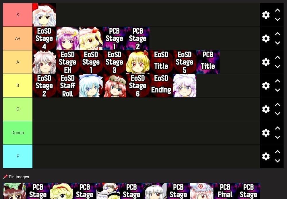 Screenshot of a Touhou themes tierlist in progress
