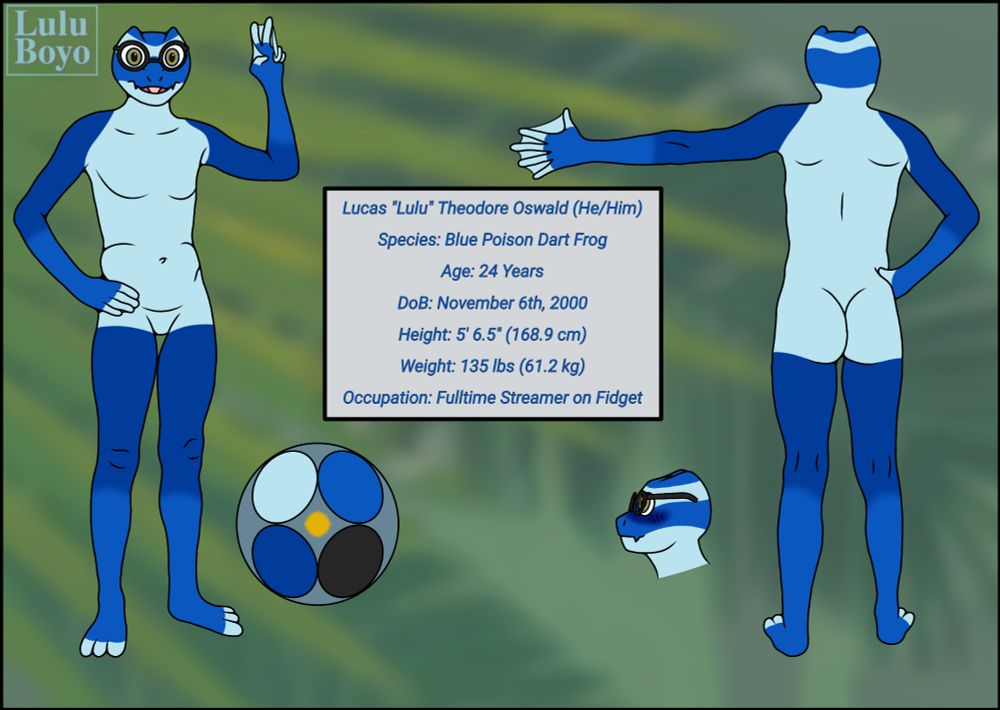 A reference sheet of Lucas Theodore Oswald the poison dart frog, showing a front and back view.