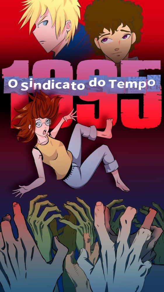Um fundo degradê com vermelho em cima e azul em baixo. No topo, um rapaz de olhos azuis, cabelos loiros e outro de cabelos castanhos e olhos roxos.
No meio o título "Sindicato do Tempo 1995" e uma moça de óculos caindo em direção a várias mãos de zumbis.