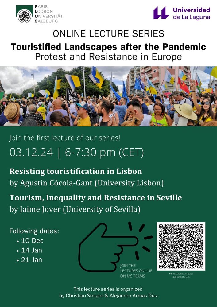 Poster of the online lecture series on touristified landscapes after the pandemic, a seminar organized by the universities of Salzburg in Austria and La Laguna in the Canary Islands, featuring online tomorrow at 6 pm CET Agustin Cócola from Uni. Lisbon and Jaime Jover from Uni. Sevilla.