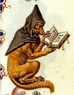 Medieval dog wearing a hood and reading a book