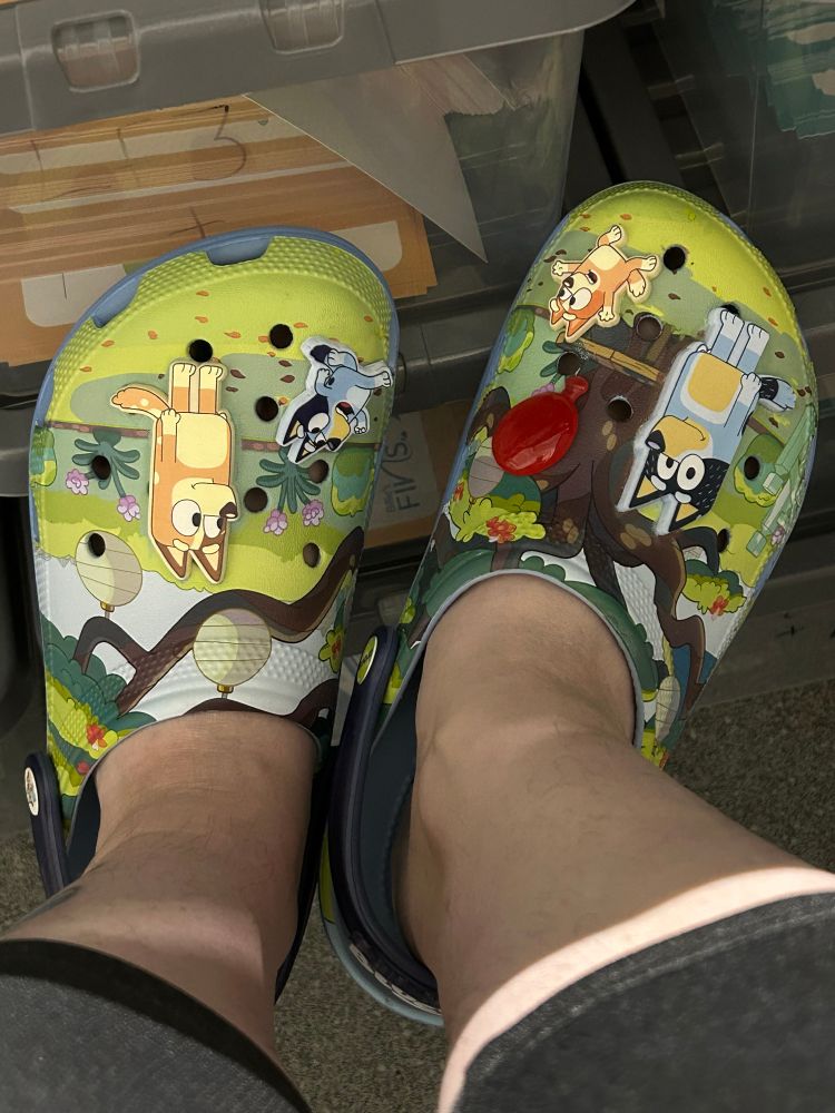 Croc shoes decorated with Bluey characters
