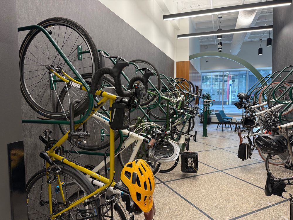 Bikes hanging in bike parking room