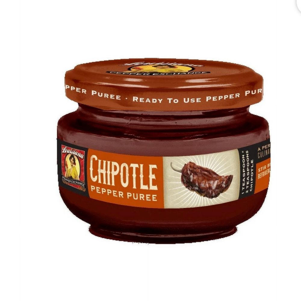 Photo of Louisiana Pepper Exchange’s chipotle pepper puree. It’s a small glass jar of dark brown puree with a chipotle pepper on the label.