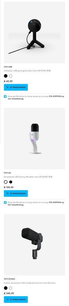 A screenshot from the Logitech website showing modern minimalist plastic microphones that gave generic, rounded rectangular condenser designs. The cloud are black and white plastic. One of the microphone is a plastic tripod on which a plastic ball shaped capsule housing rests 