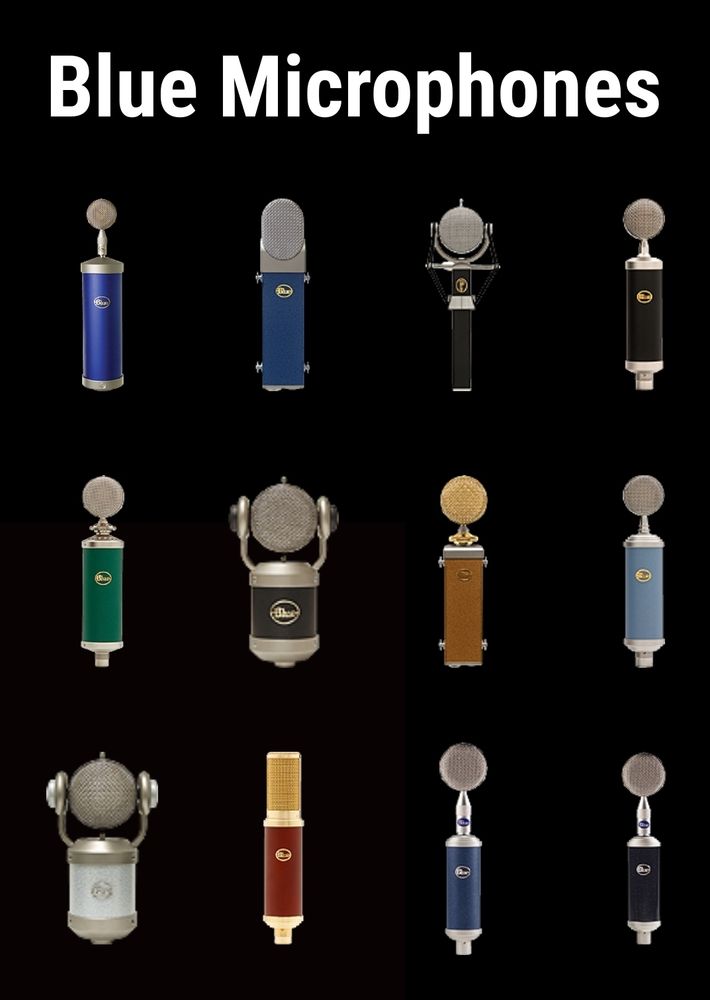 A pictures showing a selection of Blue microphones mostly from the early 2000s. They have beautiful vintage designs and are made of aluminium. Some of them are blue and silver, while others are black and silver, green and silver, or red and gold. The shapes are generally a cylinder above which a thin elegant metal neck rests with the round spherical microphone capsule on top.