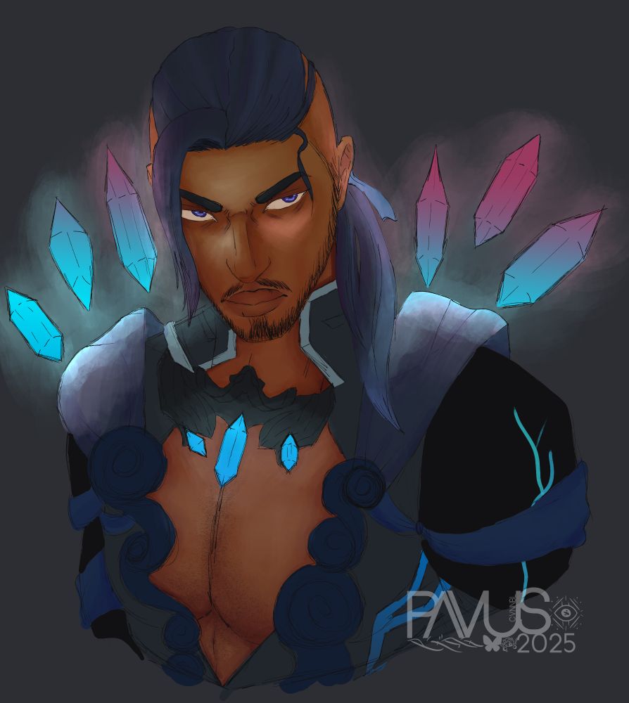 image of a gw2 necromancer, milo stargrave, he is looking at the camera with a scowl? he is wearing the crystal savant outfit where there are crystals floating over his shoulders and glowing on his chest.