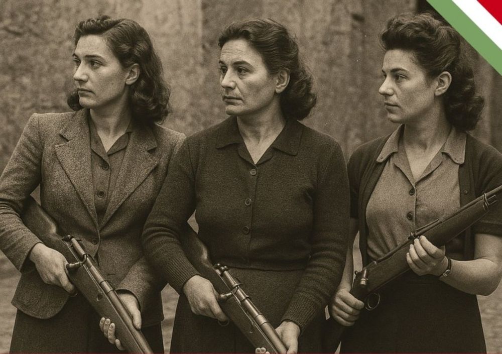 In sepia tones, a photo of three women assumed with ruffles, their bodies positioned facing forward, their heads turned to their right