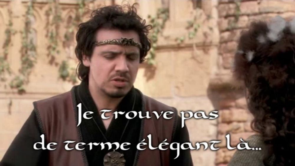 a man with a crown on his head is talking to a woman and the words je trouve pas de terme elegant la