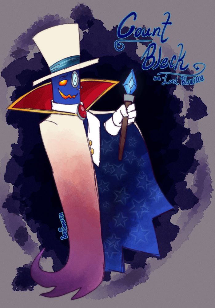 Count Bleck from Super Paper Mario in a faux watercolor style, standing against a dark purple splotchy backdrop that resembles a black void. He is looking towards the viewer with a relaxed smile and holding his scepter in his hand. His cloak is halfway open, showing a pattern of stars. His name and true name are written in the corner of the image.