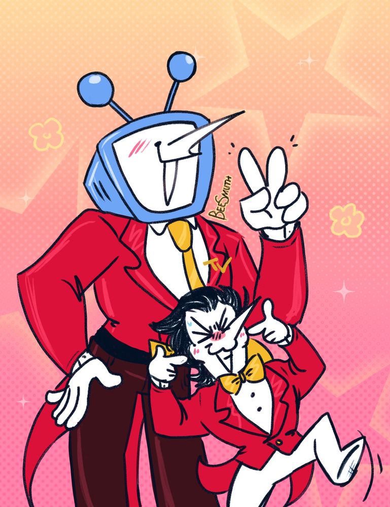 Tenna and Spamton smile and do cute poses in front of a pink background. Tenna is doing a peace sign/V with the other hand on his hip, and Spamton is poking at his own cheeks. It seems Spamton is either embarrassed or putting a lot of effort into it, possibly even jumping up into view to be seen. 