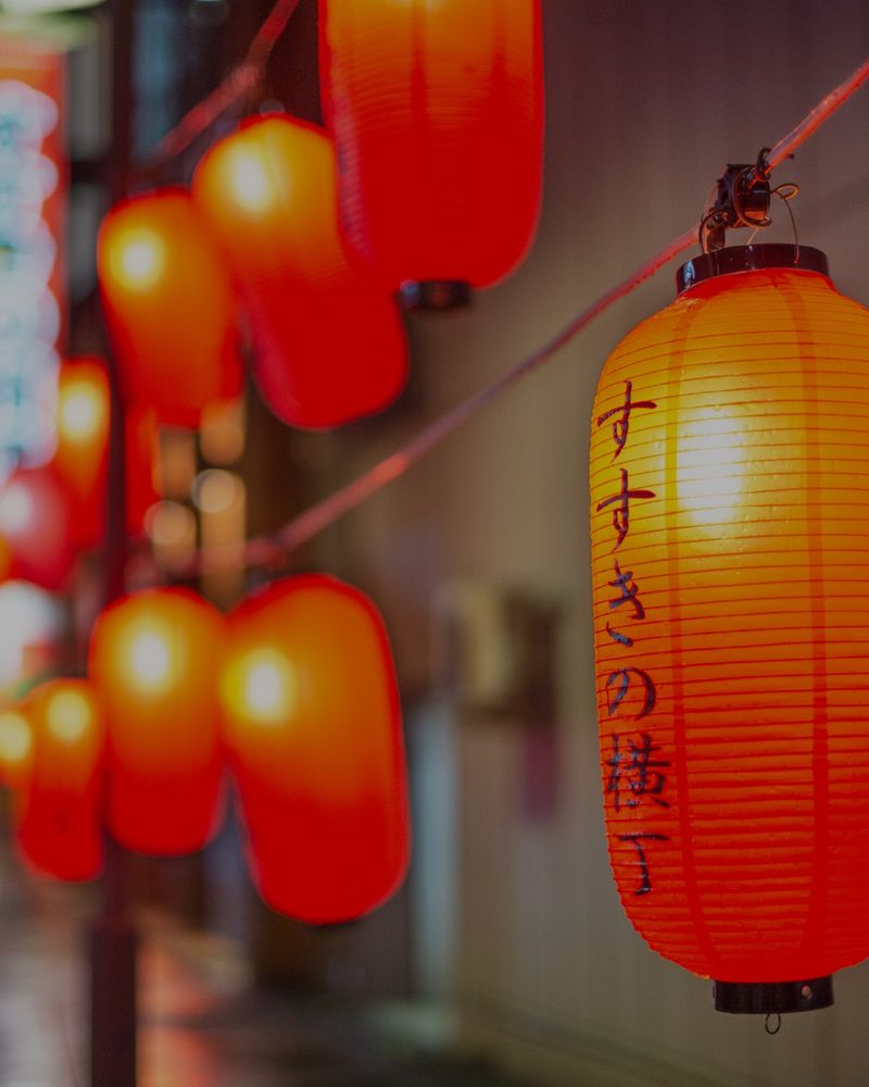 [Image description: Image shows a close up of glowing orange lanterns lining a busy popular street of Sapporo, Hokkaido Japan.]