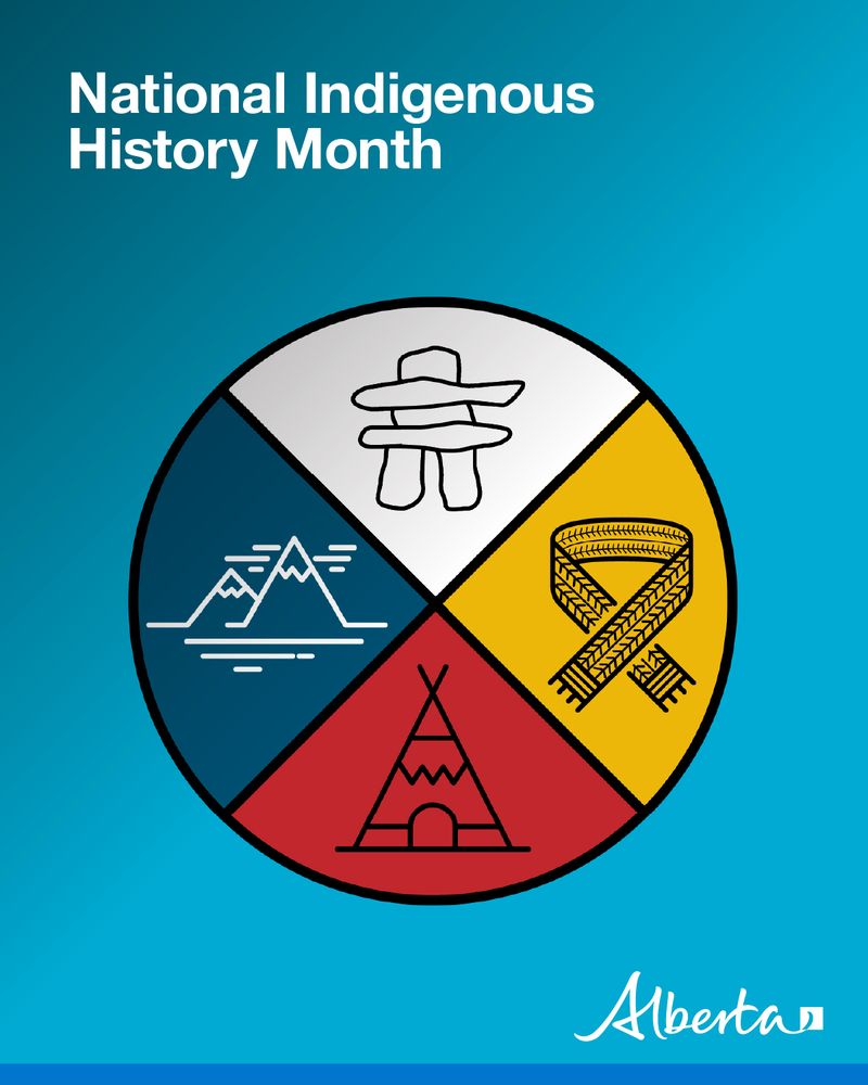 [Image description: Image of a medicine wheel. Text reads National Indigenous History Month. The Alberta government logo is in the bottom right corner.]
