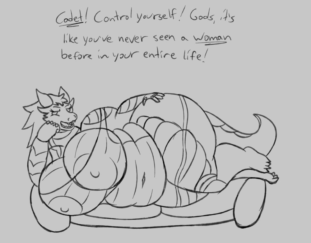 Emelia, laying on her side on a couch that looks like it'll break in the near future from her size, feeling quite annoyed at a spacefleet cadet that is too flustered to deliver a late night report. She chastises them, saying, "Cadet! Control yourself! Gods, it's like you've never seen a woman before in your entire life!"