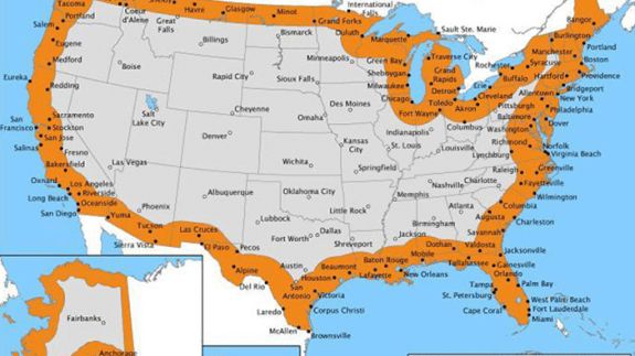 a better map of the USA with the CBP's 100-mile enforcement zone highlighted, showing that Colorado is indeed one of the states furthest away