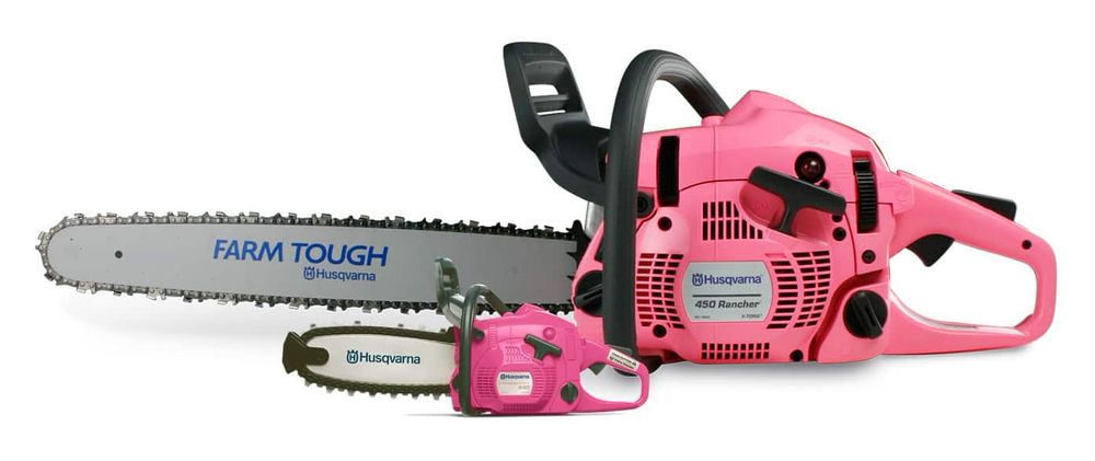 A big pink Husqvarna 450 chainsaw sitting behind a baby chainsaw in the same color.

(the tiny chainsaw is a toy)