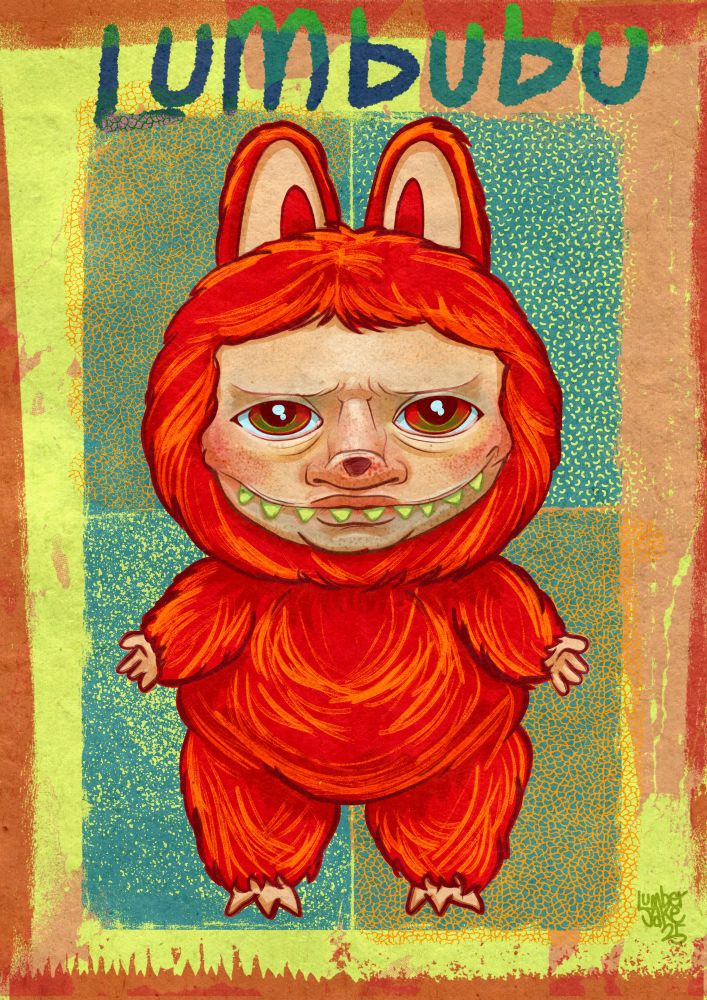 My version of a Labubu because I can’t get one. This is a Lumbubu and it has a more realistic freckled face. It is red with red eyes. The background is full of crackle and sprinkle textures with messy paints.