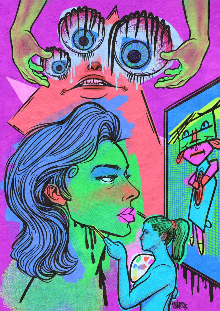 Brightly neon colored pop art illustration. The focus is a woman’s profile on the center left. She has green skin and blue shoulder length hair. She is staring blankly ahead at a painting on the right side. The painting is of an anthropomorphic character wearing a rectangular mask pulled up just to their brow line. They are holding open a large hole in their torso. The top of the illustration has two arms reaching down as if they are about to cradle the objects between them. Between the arms are three large eyeballs with thick lashes draping over them emo-ishly. Under the three eyes is a mouth and nose layer out on a triangle. The expression depicts disgust and fear. At the bottom of the illustration is a blue woman with green hair holding a paintbrush and a palette. She is painting the whole scene. #artistsupport #bskyart