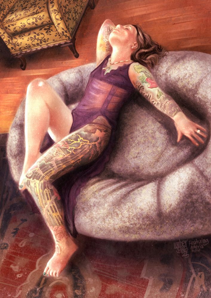 Painting of a friend, Asteria Wolf, laying on a dog bed made for people. I don’t know what else you call those. She is wearing a purple undergarment. The bed is on a large ornamental rug on a wood floor. A fancy chair is in the top left.