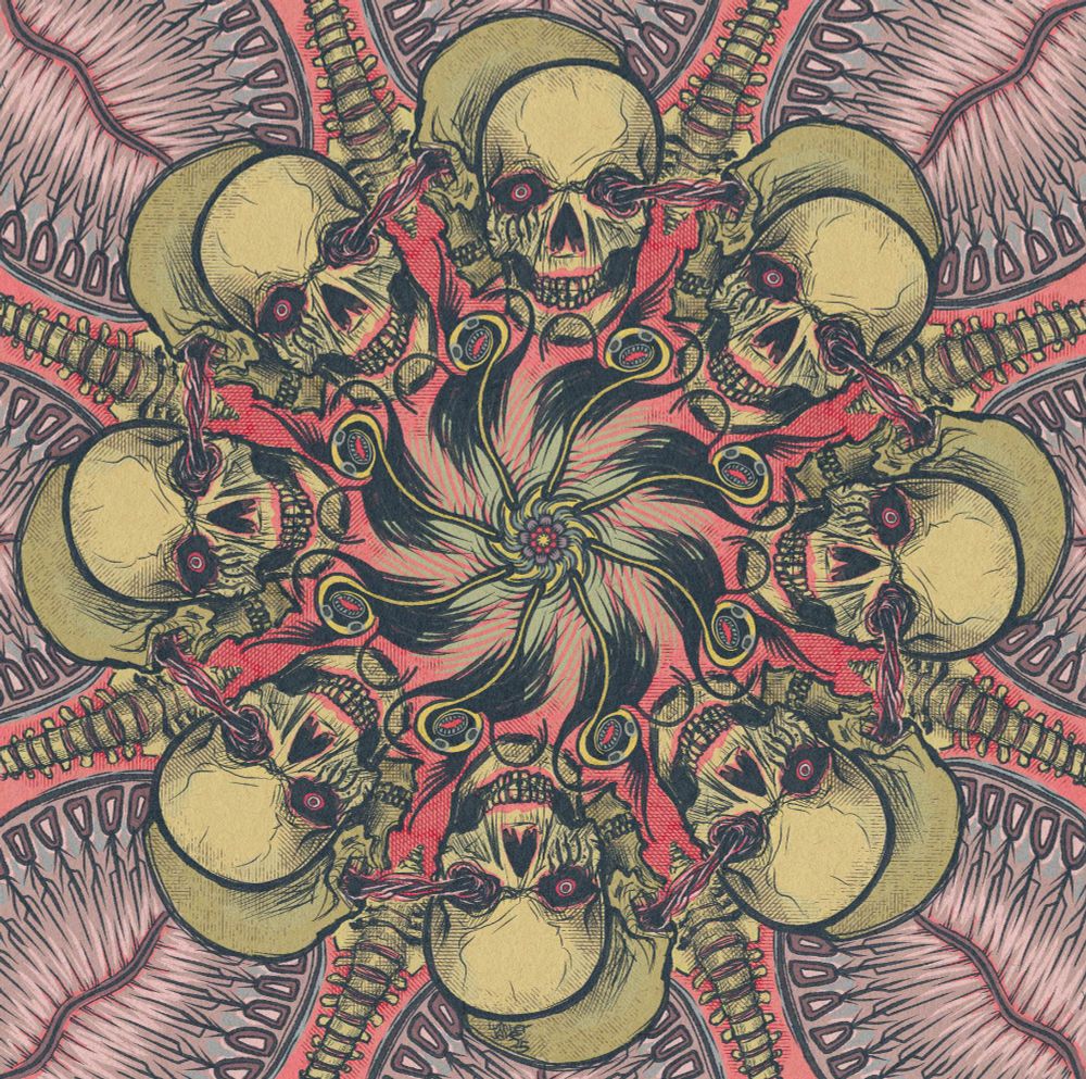 An illustration of skulls and spines and organic symmetrical shapes. Symmetrical patterns, geometric and organic, are things I am unapologetically going to keep producing. This is in eighths. The organic shapes are full of sharp, needle like lines that represent nerves and inflammation. Tendrils go from one skull’s eye socket to an adjacent skull’s socket. This represents the anxiety and intrusive thoughts I have with my left eye always feeling like it is being pulled to sharp furniture corners at my bedside. I don’t know what it is all about. It happens the longer I am in bed. I have to shake my head and cover my eye to reset. This probably won’t make sense to anyone who hasn’t experienced it. The dudes flowing from the center represent the writhing and at the center is a precise locus of pain that spasms emanate from. The spines are spines. It was hard enough trying not to focus on the pain while I drew, ok? 🥲 My health insurance went up $160 more a month on top of $200 a month I have to put back in my retirement for the next year so I could even afford this. I didn’t have enough for the out of pocket, so what I have is enough to allow the procedure to continue, but I will still need to work out the rest. Life is about to get even harder but hopefully it’ll be easier to continue working. My company has been very accommodating. We work with providing mobility devices for the disabled, so people do understand my struggle. If it wasn’t for my benefits team helping me out this last month, I would have decided to go on a business trip with Jesus. They put my timeline together and advocated for me and had the denials overturned. Whatever happens after this, I will just have to take a day at a time.