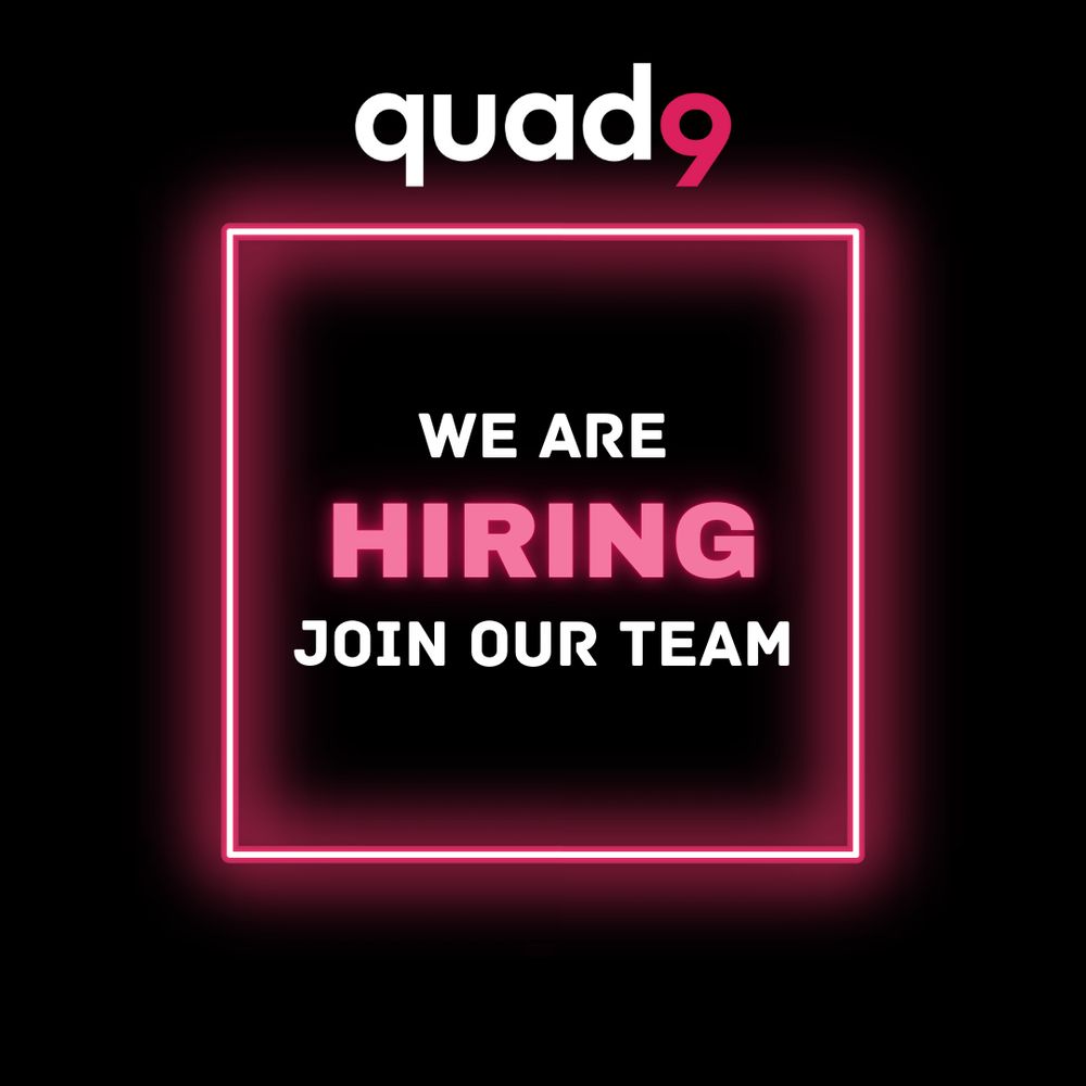 The words "We are hiring. Join our team" centered on a black background with a neon pink square border around the words, and the Quad9 logo centered on top.