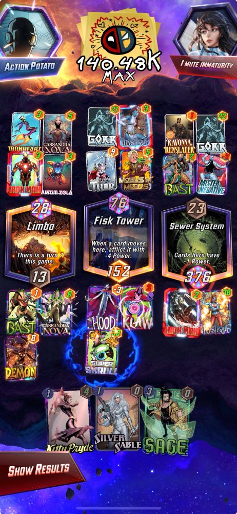 Screen shot from Marvel Snap with Super Skrull and Mystique outscoring Gorr