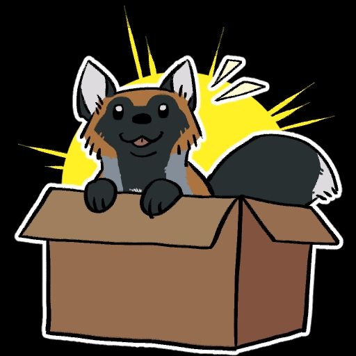 Wug the fox, popping out of a cardboard box