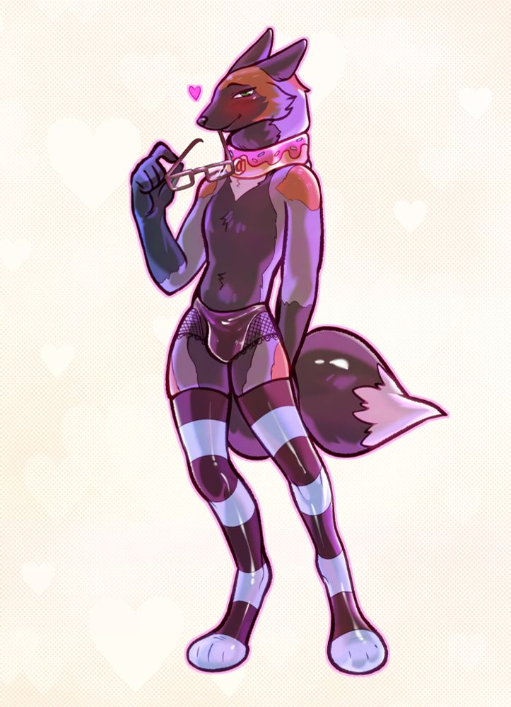 Wug the fox, in an anthro form. He is mostly nude, dressed only in striped thigh-high stockings, lacy panties that do little to conceal his bulge, and a donut-styled collar. He is teasingly removing his glasses to nibble on the frame suggestively, ears tucked back coyly.